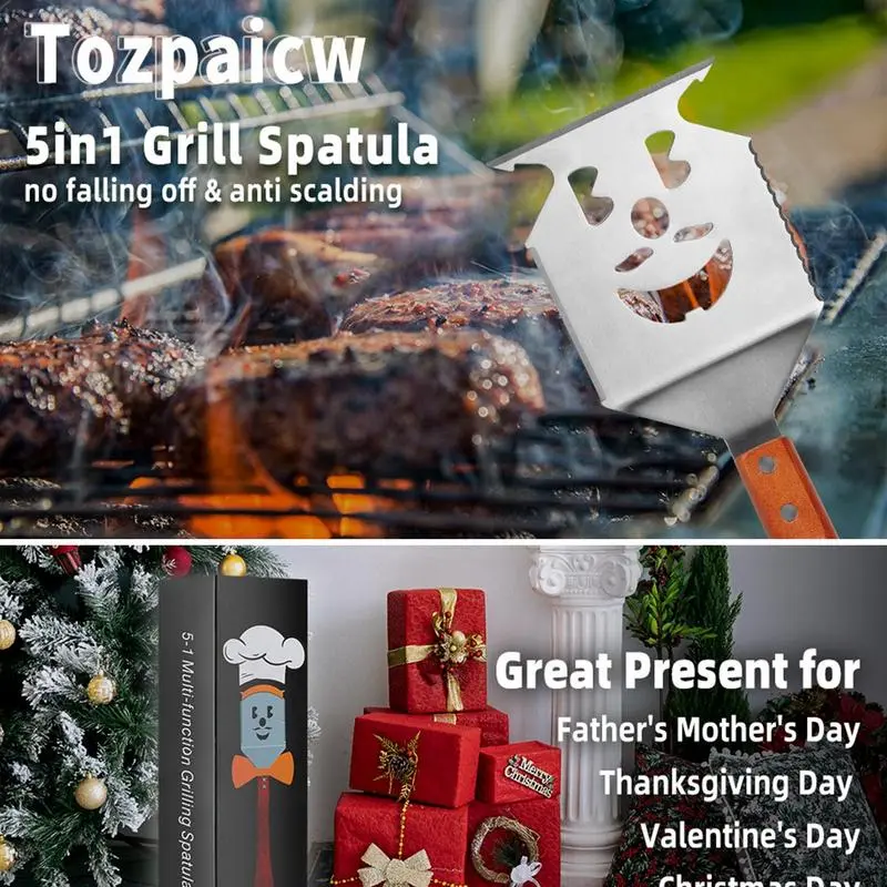 BBQ Spatula 5-in-1 Stainless Steel Grill Spatula 17 Inch Heavy Duty Grill Spatula Multifunctional Outdoor BBQ Tools Long