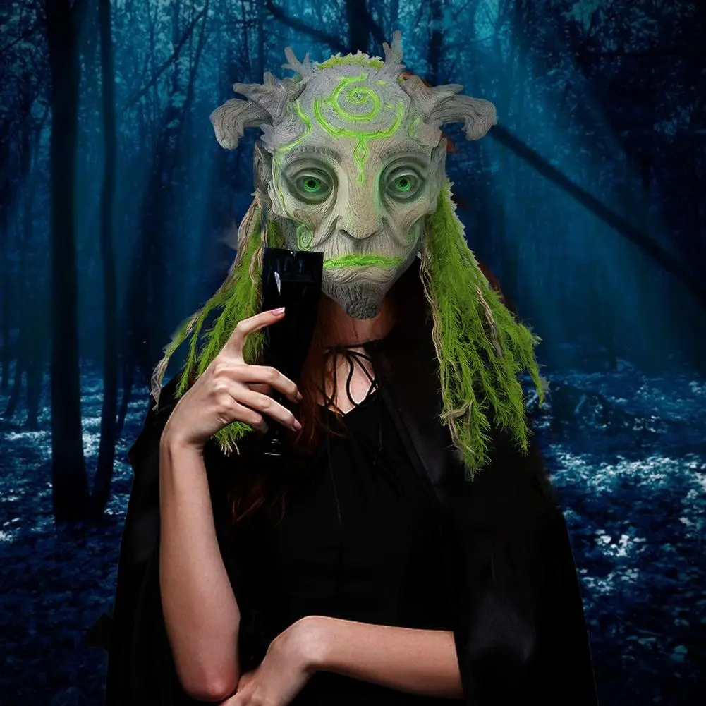 Halloween Elf Masque Green Fairy Latex Headgear Forest Spirit Mask Halloween Realistic Green Elves Spirit Helmet Party Props