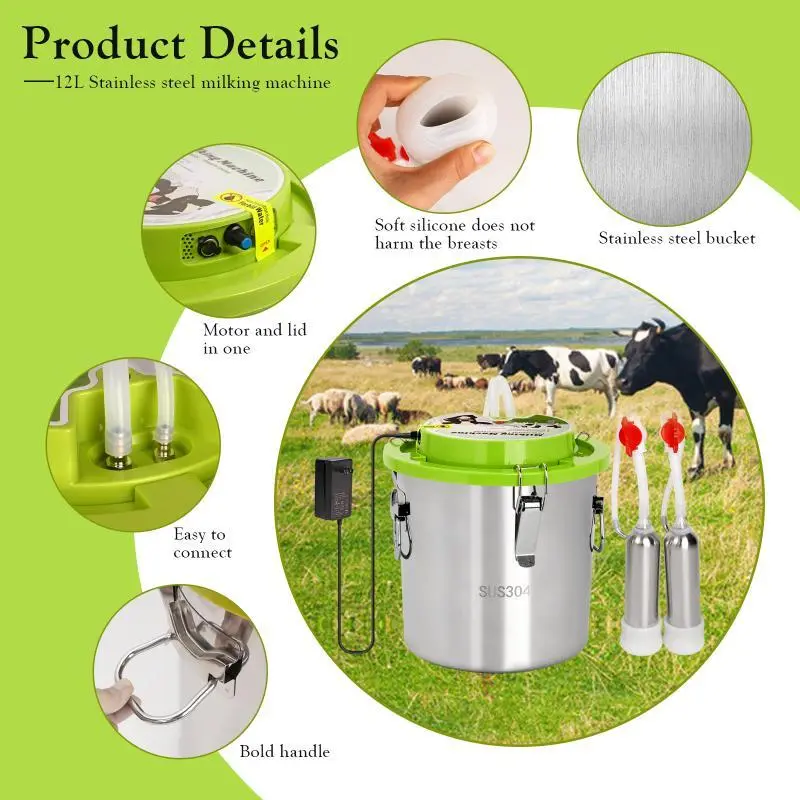 10L/12L Cow Milking Machine Sheep Milking Pump Automatic Milking Farm Vacuum Pump Stainless Steel Milk Pail Breeding Equipment