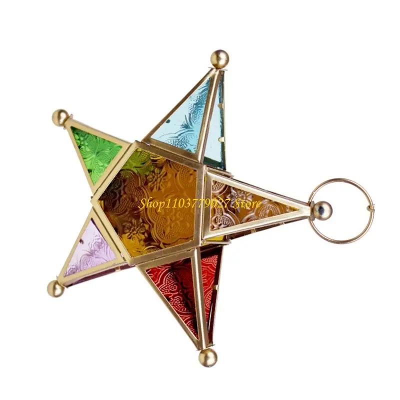 C4DF Antique Star Lanterns Holder with Colored Glass Moroccans Styles Decors
