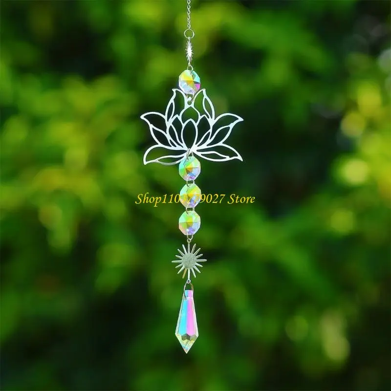 C4DF Crystal Glass Suncatchers Metal Flower Hanging Pendant for Home Garden Charm