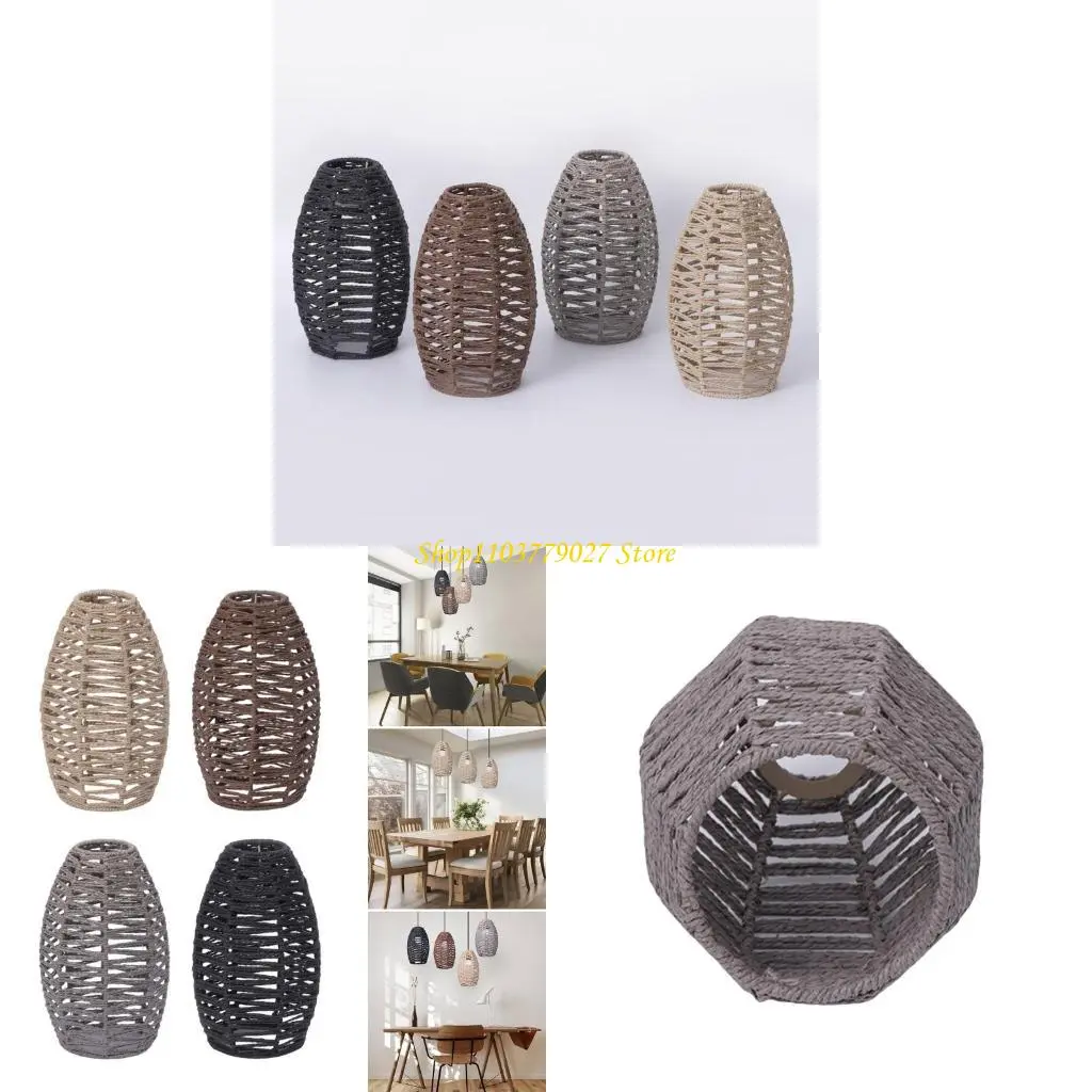 C4DF Hand Weaved Rope Chandelier Lampshade Hanging Light Shade Ceiling Pendant Lamp Shade Covers Imitation Rattan Lampshade