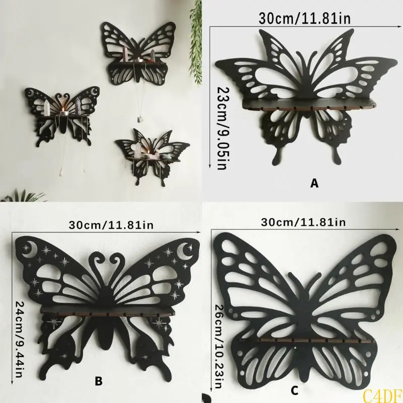 Elegant Wood Butterfly Shape Hollowed Out Crystal Display Wall Hanging Shelf Candleholder Organizers for Home Decors