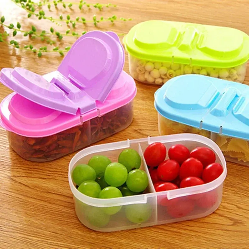 2In1 Food Storage Box Double Compartment Lid Food Sealing Jar Storage Box Kitchen Refrigerator Plastic Dried Fruit Storage Box