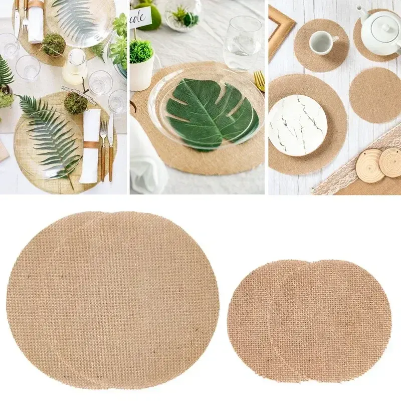 10pcs Round Linen Jute Burlap Table Placemat Table Mat for Dinner Table Tea Cup Plates Mat for Home Wedding Birthday Party Decor