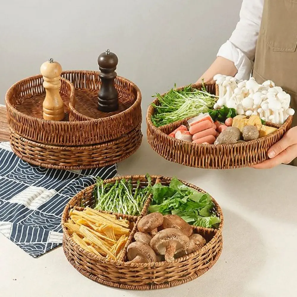 New Creative Imitation Vine Weaving Grid Basket Square Handmade Woven Rattan Snack Storage Tray 10 Styles Fruit Cake Platter