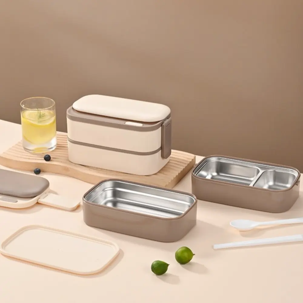Portable 1400ml Lunch Box Interlayer Insulated Food Storage Box Divided Stainless Steel Microwave Oven Bento Box School