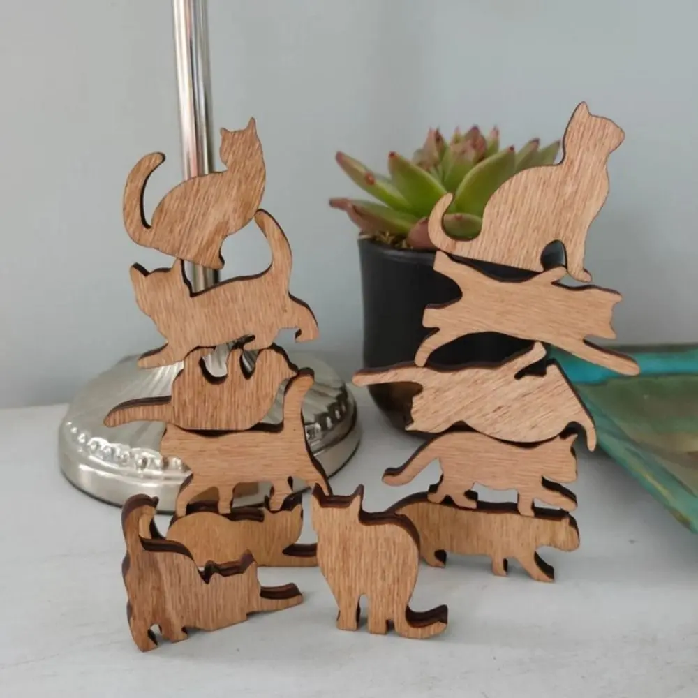 New Wooden Wooden Tower Toy Mini Stacking Cat Figurines Set Cute Cat Desktop yoga Cat Gifts