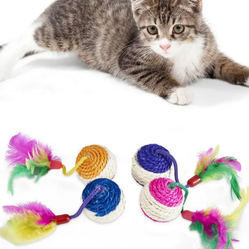 1PC Pet Cat Toy Colorful Feather Blanket Ball Grinding Claw Interactive Play Ball Cat Toy Sisal Shuttlecock Ball