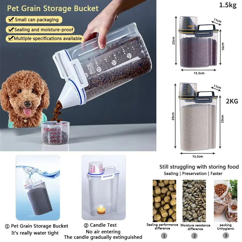 Dog Cat Food Pail Plastic Storage Tank with Measuring Cup Container Moisture-proof Sealed Jar Pet Supplies Accessories