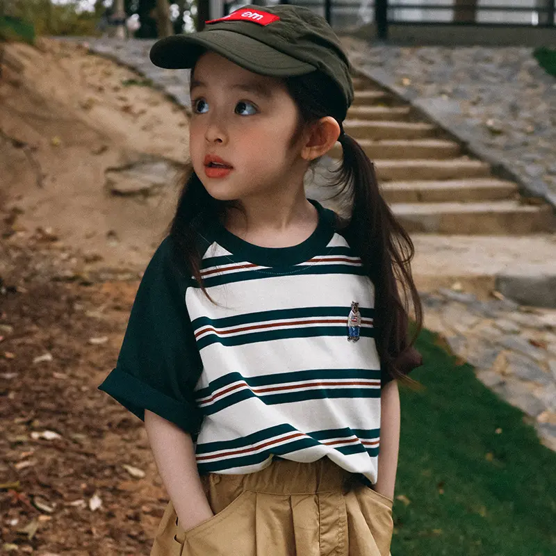 Children's Striped T-shirt 2025 Summer New Style For Girls Contrasting Color With Raglan Sleeves Short Sleeves Baby Loose T