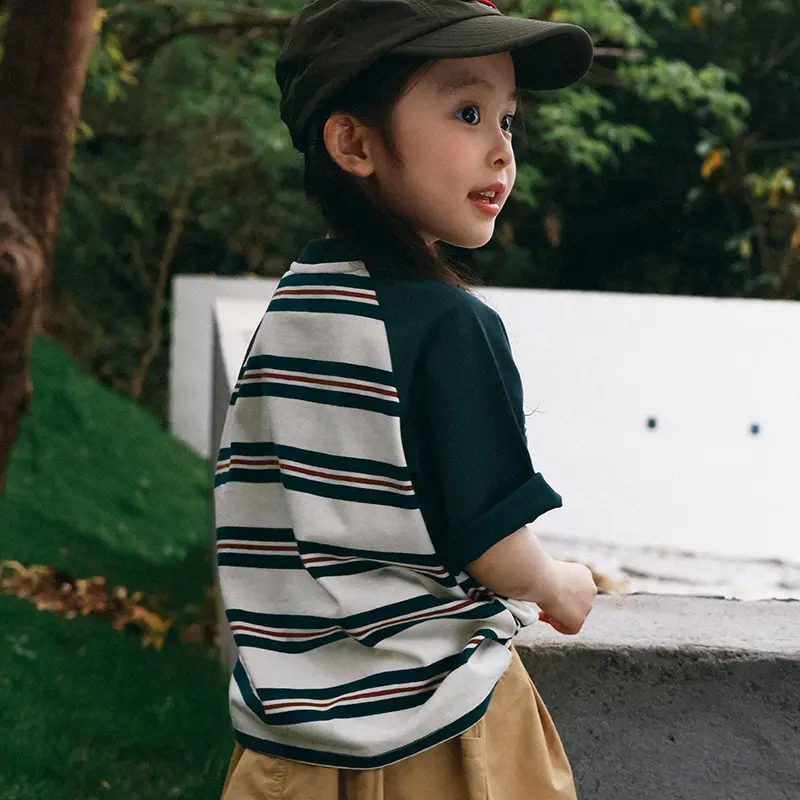 Children's Striped T-shirt 2025 Summer New Style For Girls Contrasting Color With Raglan Sleeves Short Sleeves Baby Loose T