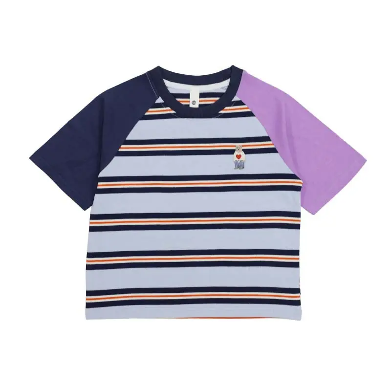 Children's Striped T-shirt 2025 Summer New Style For Girls Contrasting Color With Raglan Sleeves Short Sleeves Baby Loose T