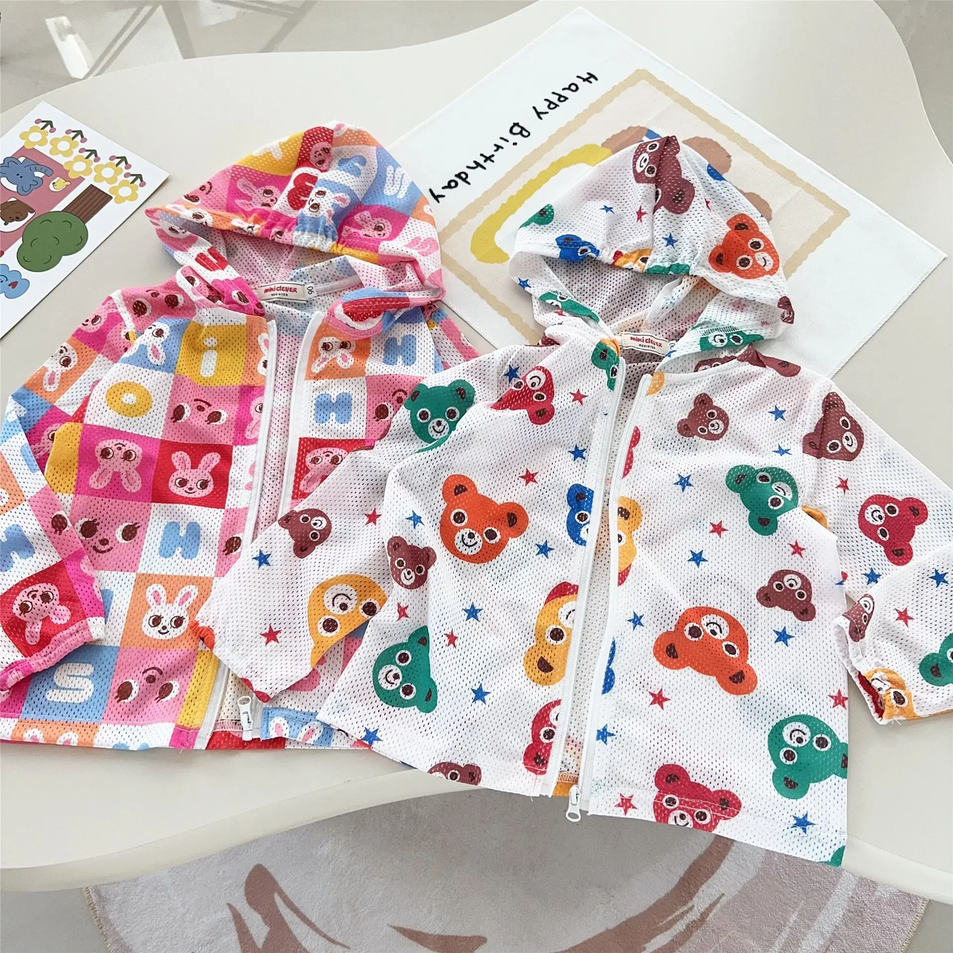Children's Sunscreen Clothing 2025 Summer New Style Japanese Cute Hooded Cartoon Little Bear Rabbit Mesh Breathable Coat