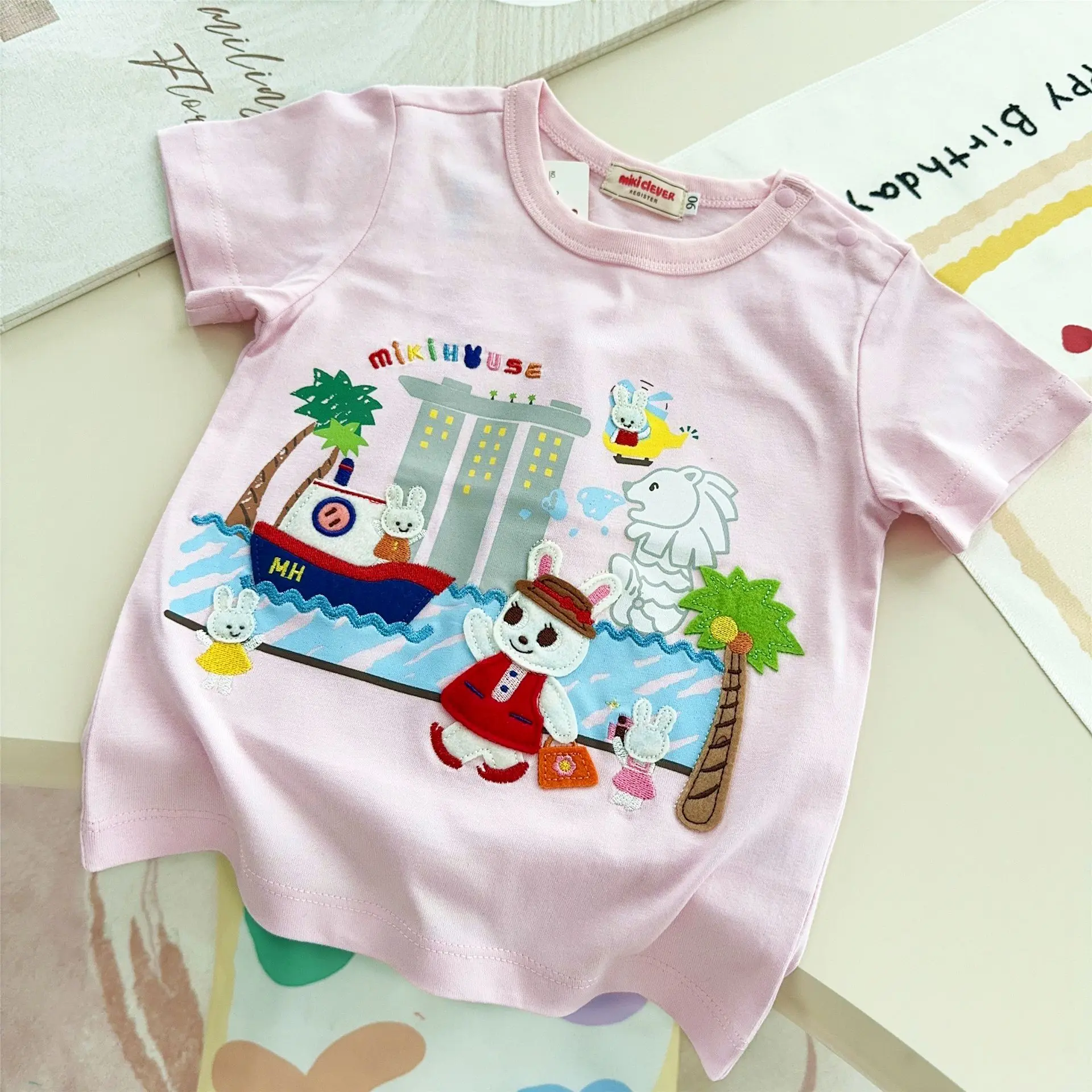 2025 Summer Fun Cotton Japanese New Cartoon Boys and Girls Baby Round Neck Short Sleeve Adventure Bear Top