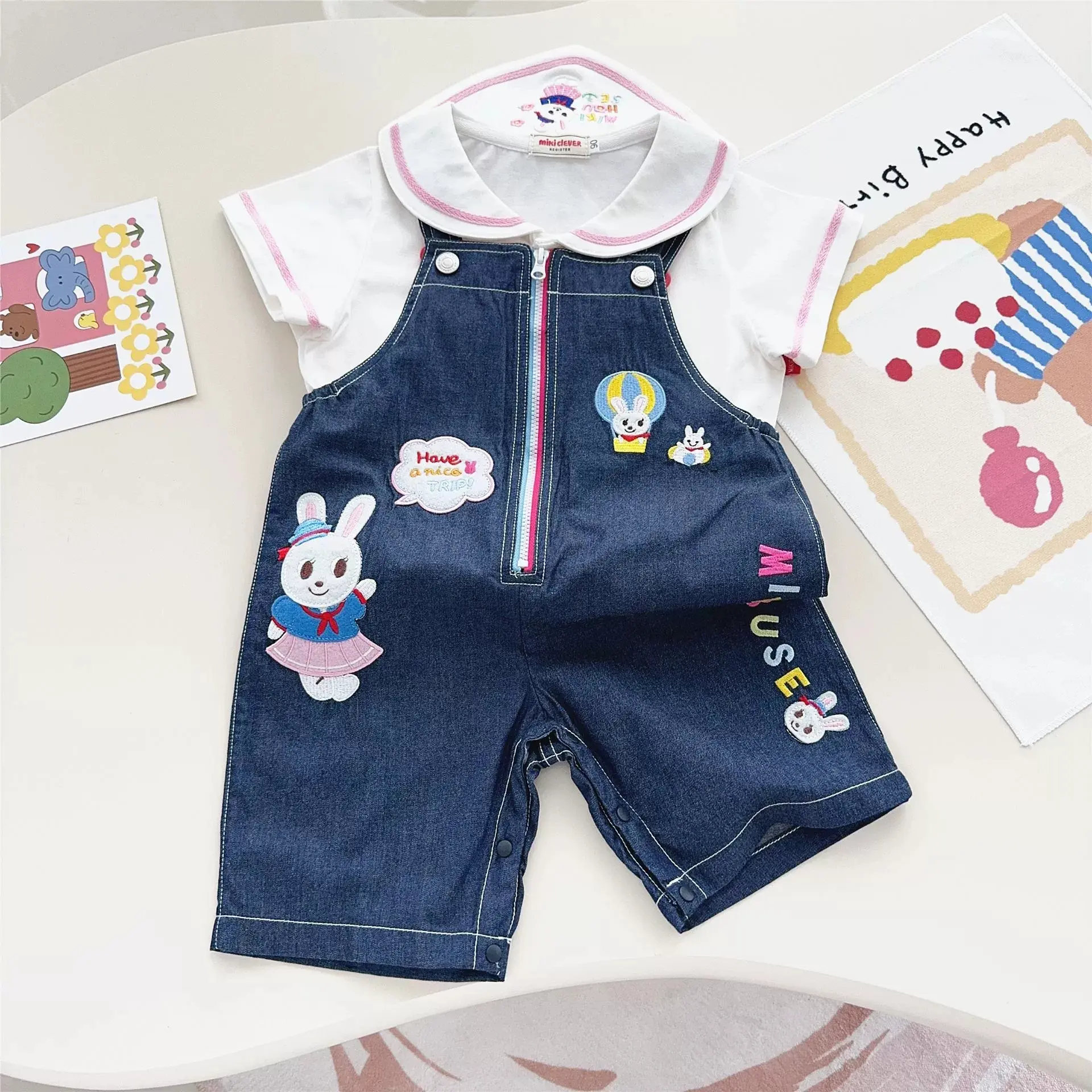 2024 Summer New Children's Clothing Cartoon Rabbit Letter Splicing Strap Shorts Color Contrasting Cotton Cute Japanese Pants