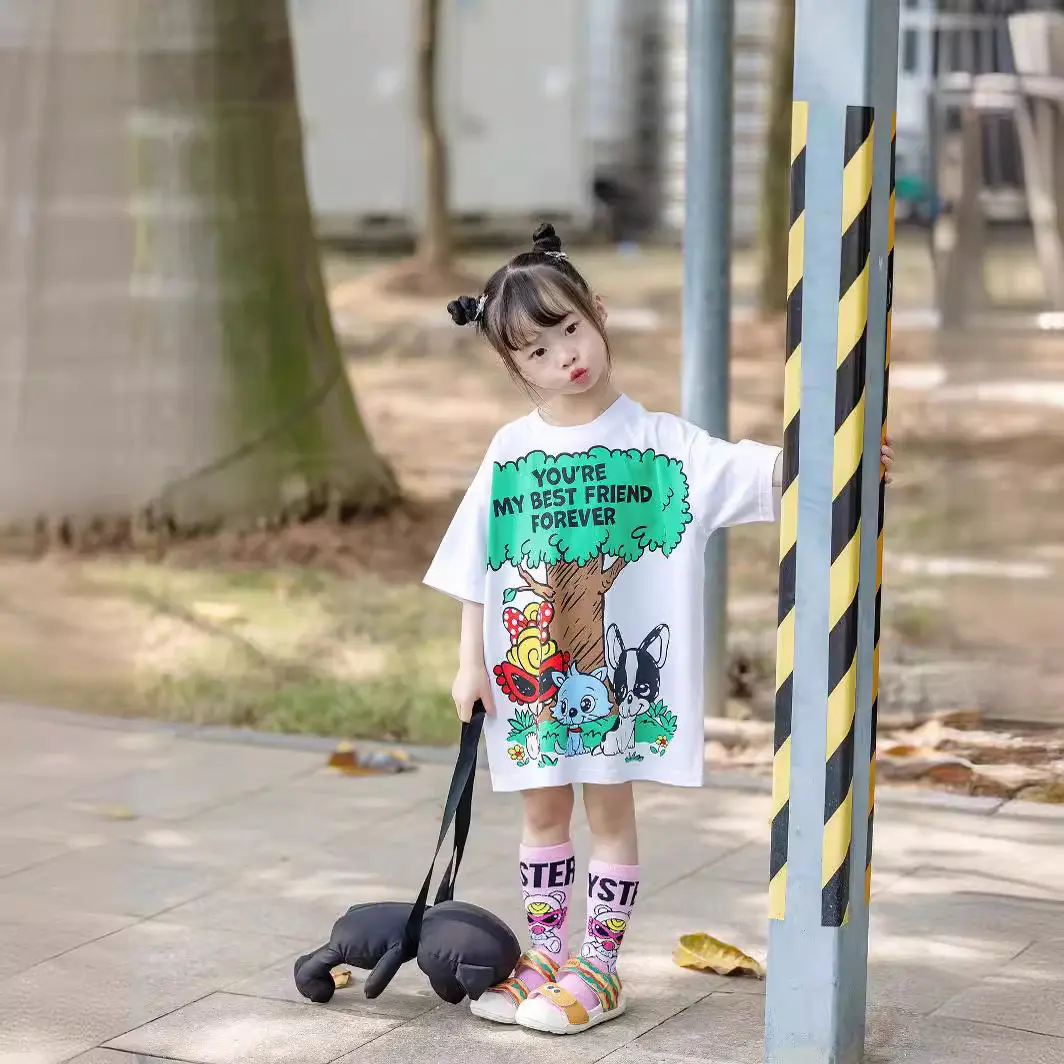 2025 New White Simple Cartoon Cute Tree Dog Half Sleeve Cotton Comfortable Casual Printed Children's Short Sleeve T-shirt