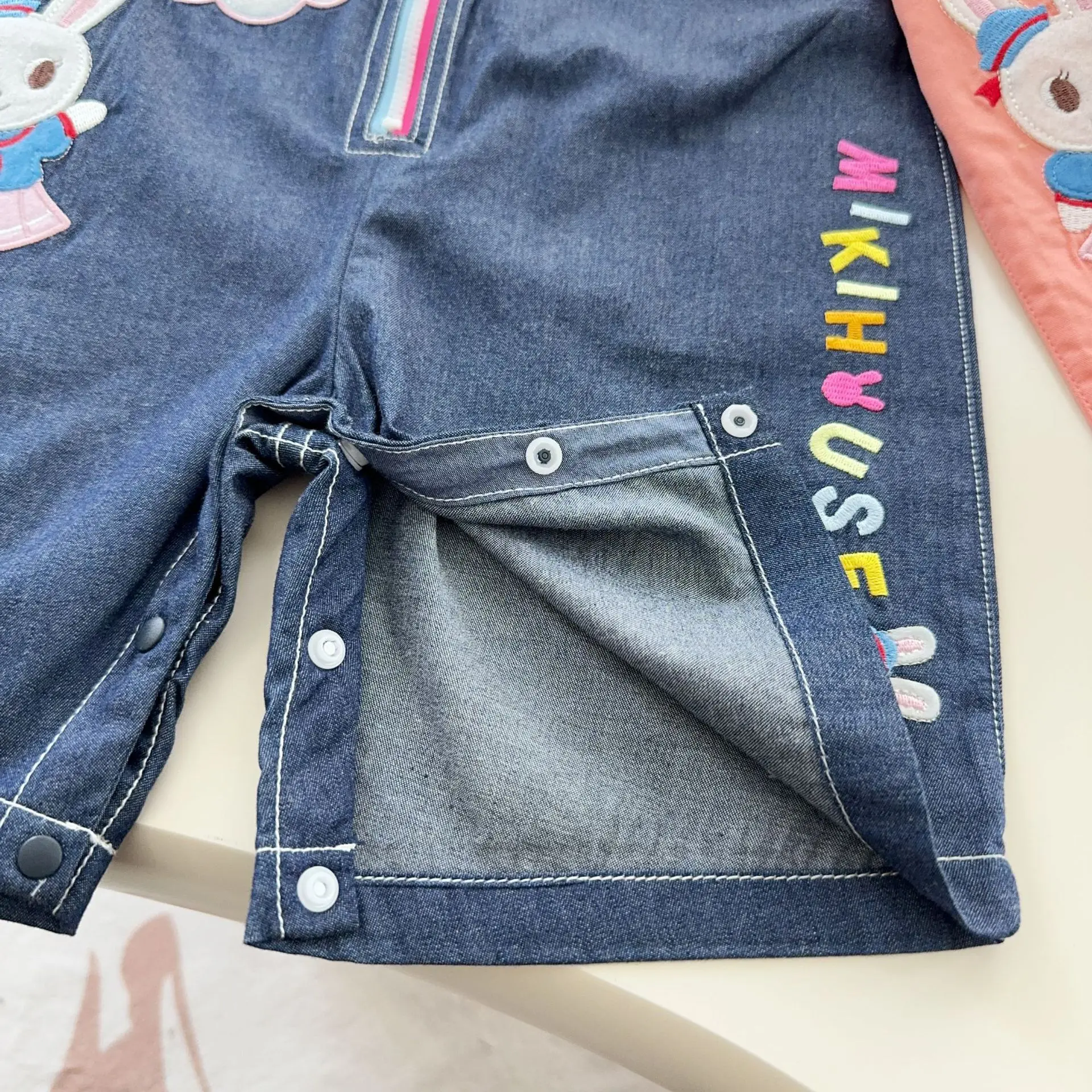 2024 Summer New Children's Clothing Cartoon Rabbit Letter Splicing Strap Shorts Color Contrasting Cotton Cute Japanese Pants