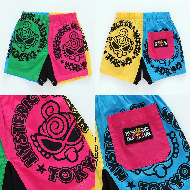 2025 Black Super Children's Shorts Japanese Colorful Splicing Cartoon Multi Color Splicing Nipple Baby Full Print Pants