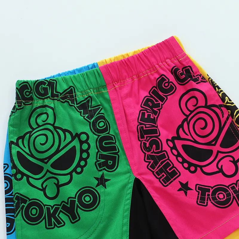 2025 Black Super Children's Shorts Japanese Colorful Splicing Cartoon Multi Color Splicing Nipple Baby Full Print Pants