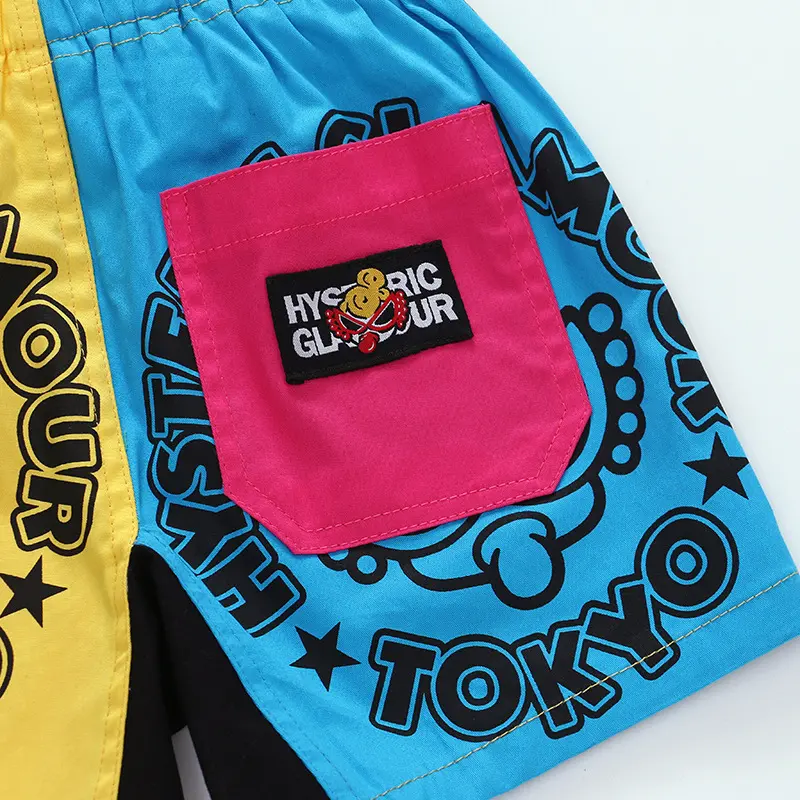 2025 Black Super Children's Shorts Japanese Colorful Splicing Cartoon Multi Color Splicing Nipple Baby Full Print Pants
