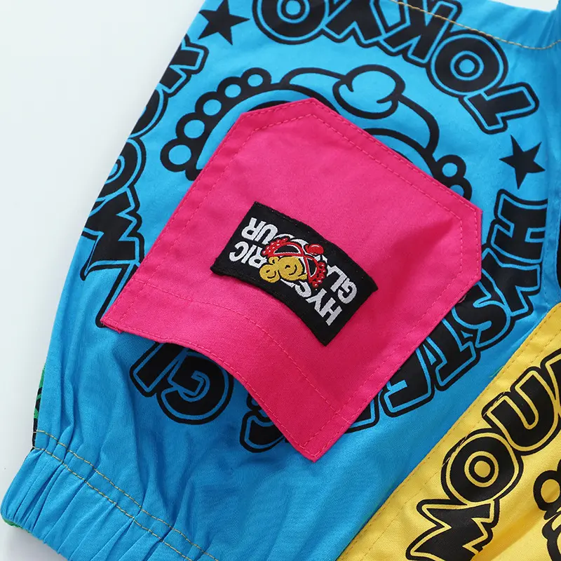 2025 Black Super Children's Shorts Japanese Colorful Splicing Cartoon Multi Color Splicing Nipple Baby Full Print Pants
