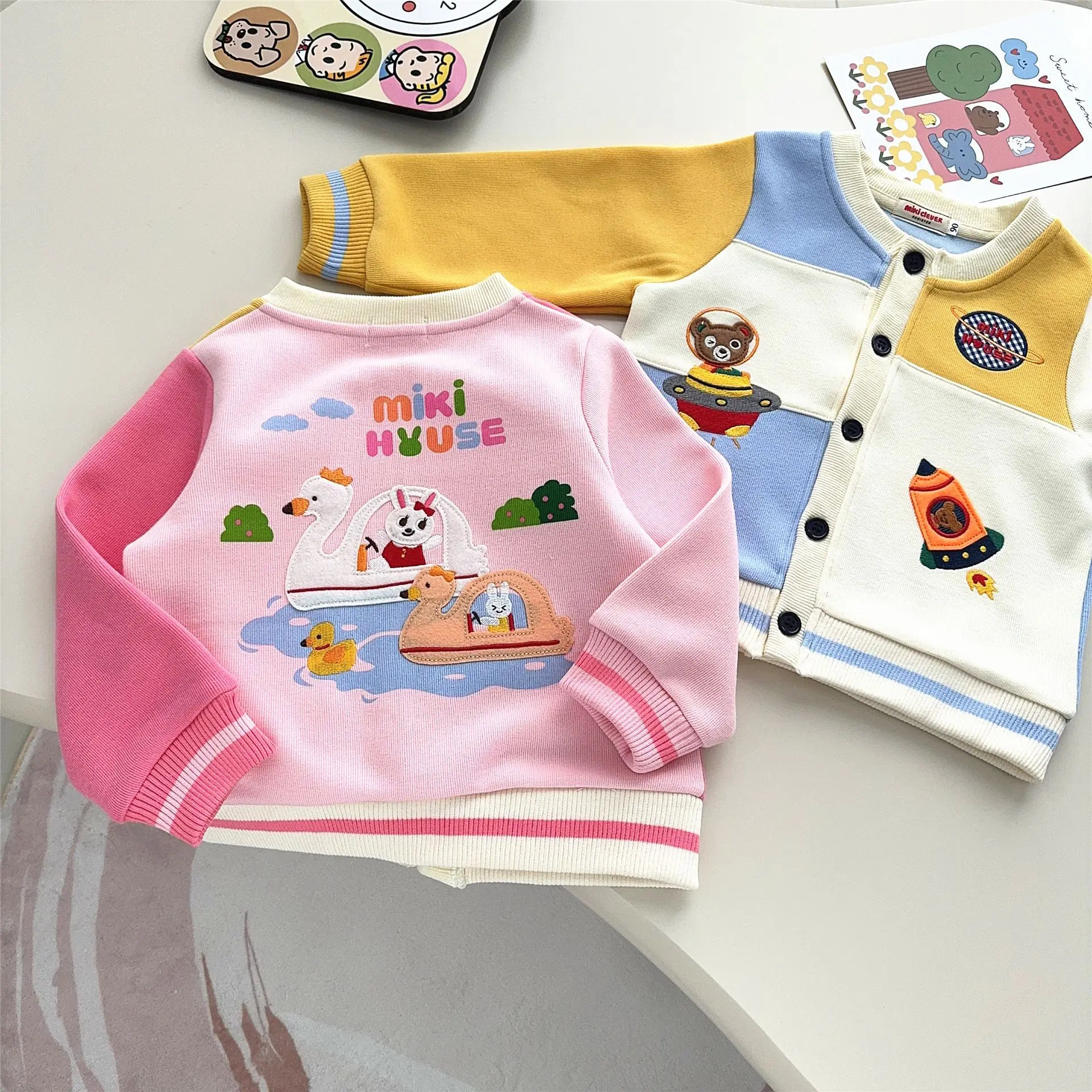2025 Spring New Japanese Children's Little Bear Rabbit Color blocked Adventure King Baseball Jacket Cartoon Casual Coats