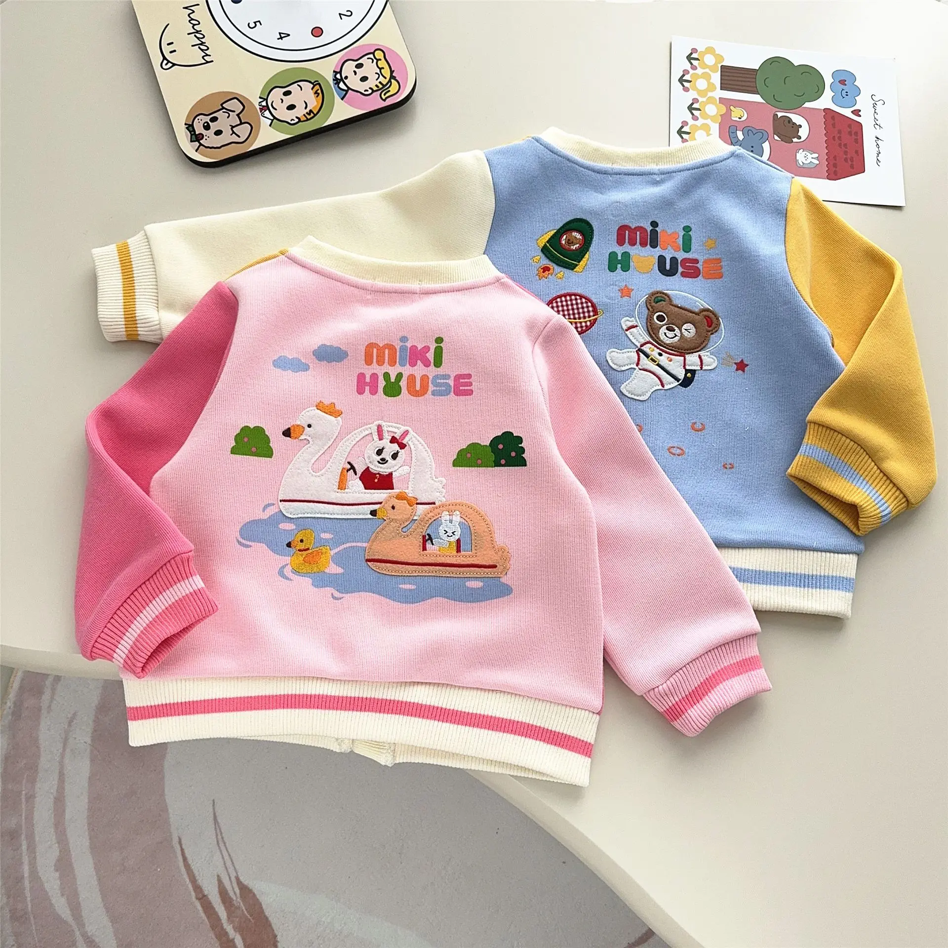 2025 Spring New Japanese Children's Little Bear Rabbit Color blocked Adventure King Baseball Jacket Cartoon Casual Coats