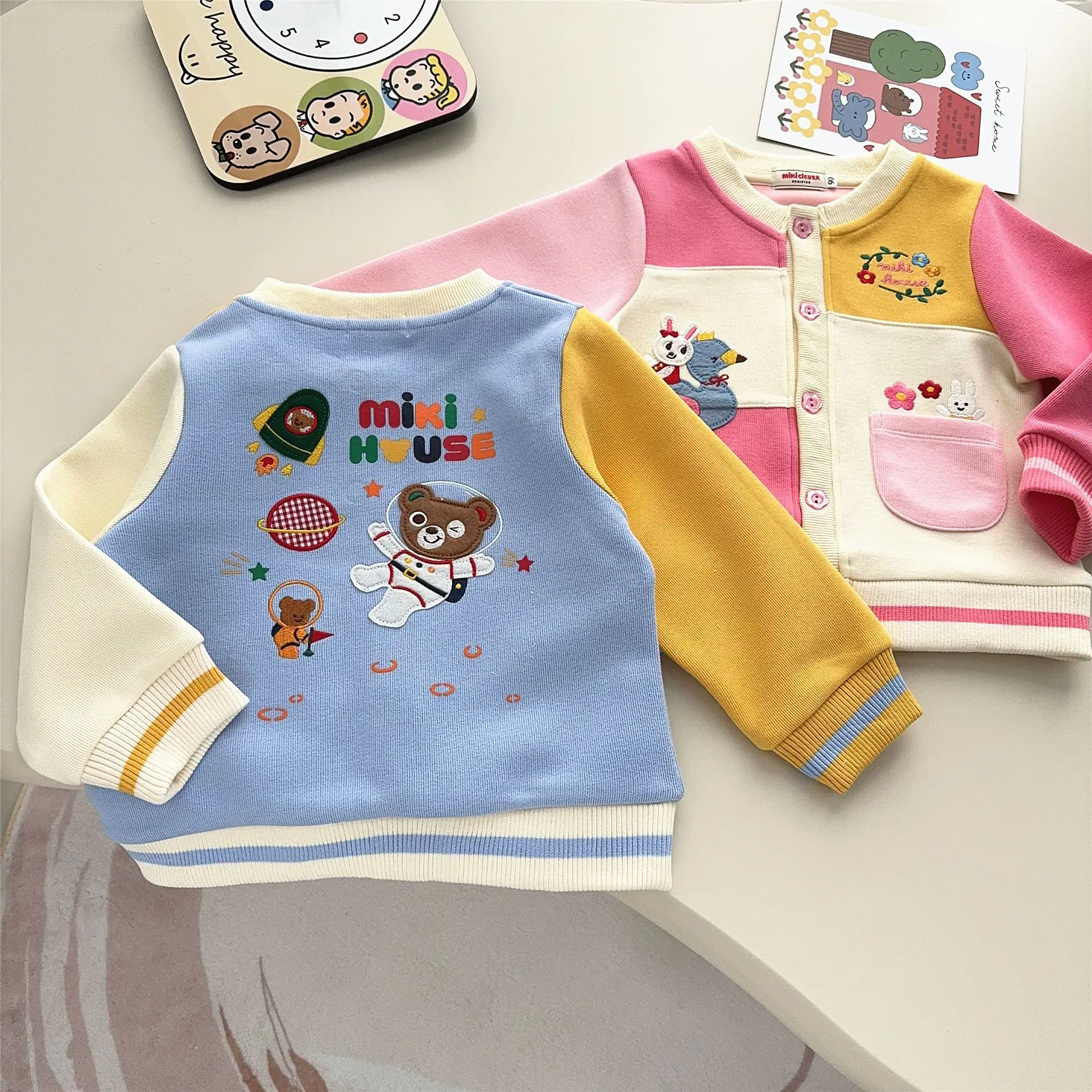 2025 Spring New Japanese Children's Little Bear Rabbit Color blocked Adventure King Baseball Jacket Cartoon Casual Coats