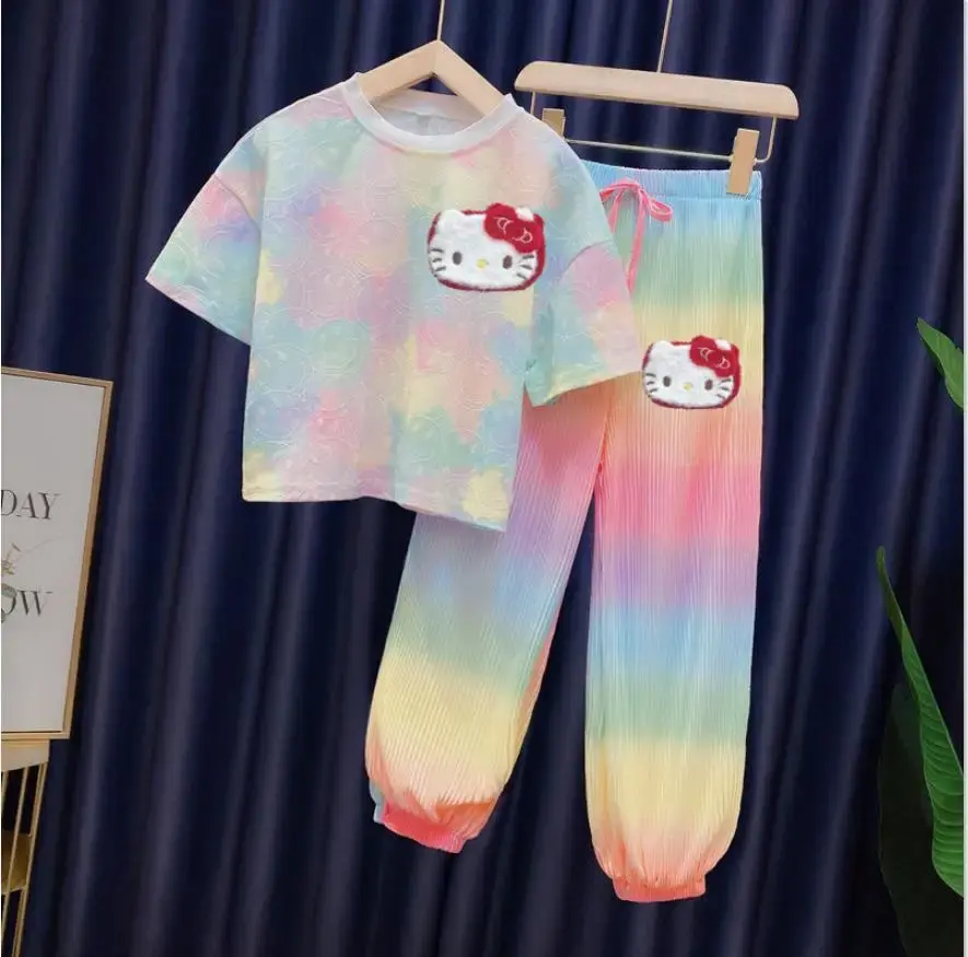 Sanrio hello kitty girls Breathable rainbow pants catoon fashion T-shirt suit new summer thin childrens girls 2pcs short sleeves