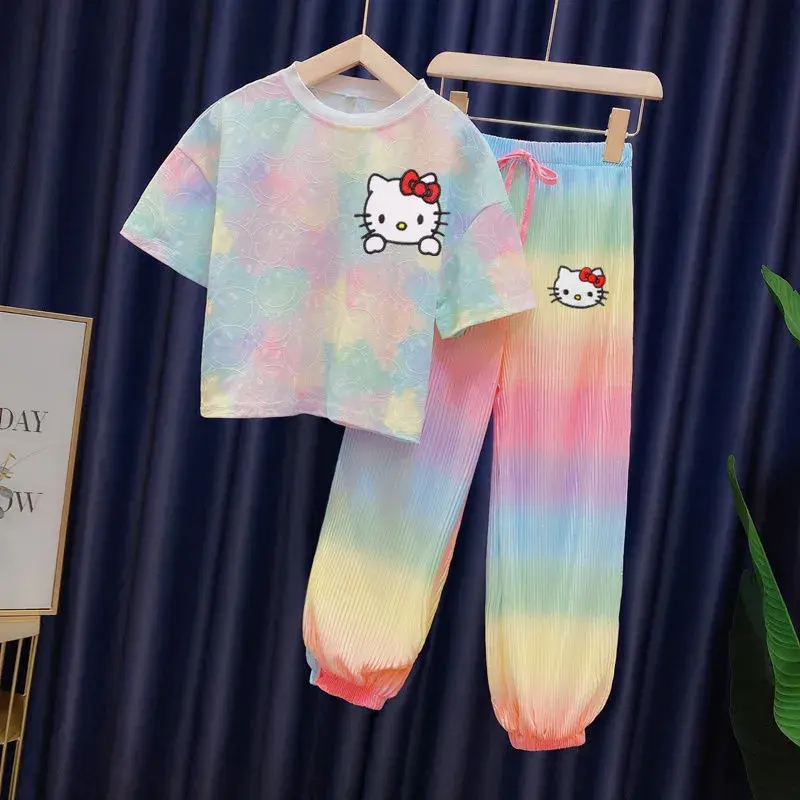 Sanrio hello kitty girls Breathable rainbow pants catoon fashion T-shirt suit new summer thin childrens girls 2pcs short sleeves
