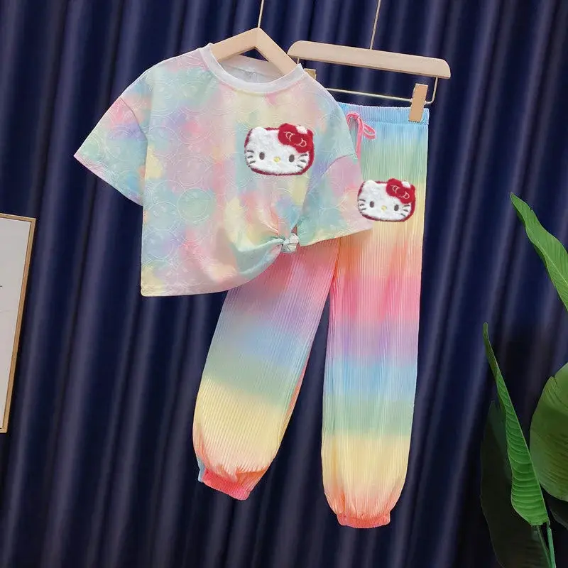 Sanrio hello kitty girls Breathable rainbow pants catoon fashion T-shirt suit new summer thin childrens girls 2pcs short sleeves