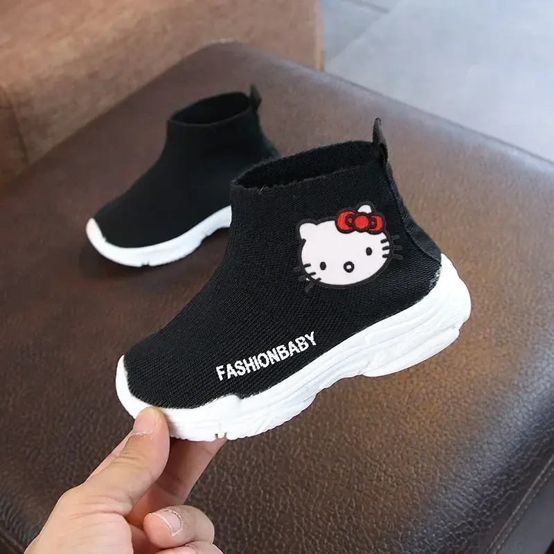 Sanrio boys and girls flying woven mesh sneakers Hello Kitty casual shoes autumn children's socks shoes high-top elastic