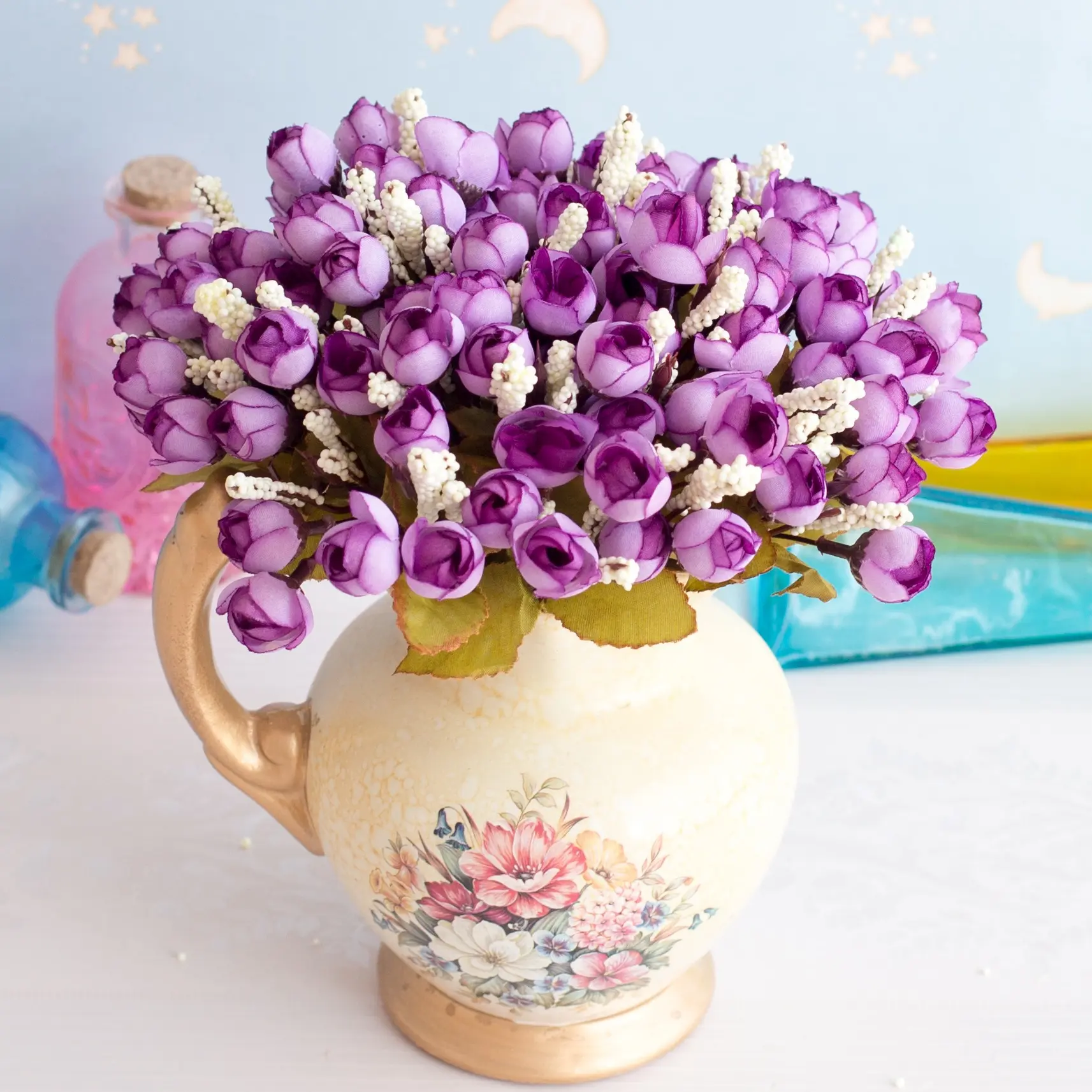 24cm 5Forks 15Heads Artificial Mini Roses Flower Branch Christmas Halloween Wedding Birthday Party Flower Bouquet Home Ornament