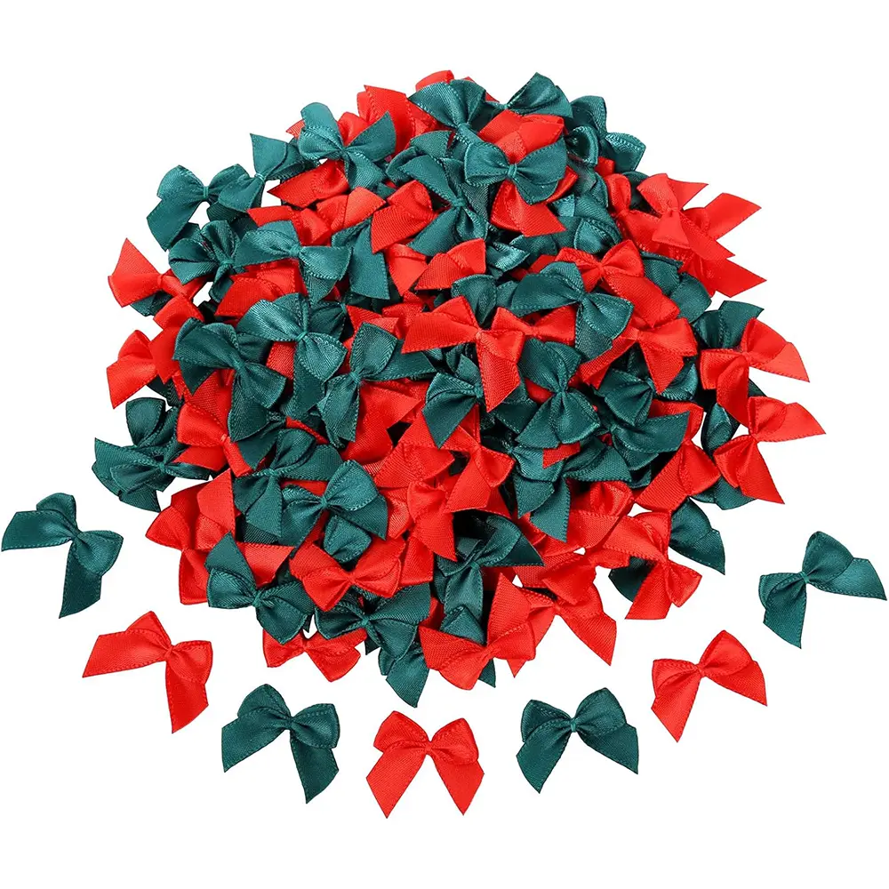 100 Pcs Red and Green Ribbon Small Bow Patches Polyester Ribbon DIY Clothing Ribbon Accessories Patches