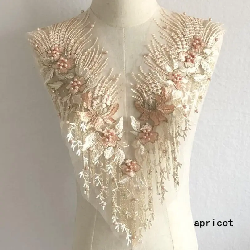 Pink Blue Sequin Pearl Appliques Sew On Patches Lace Fabric Neckline Collar Mesh Embroidery For Wedding Gown DIY Decoration