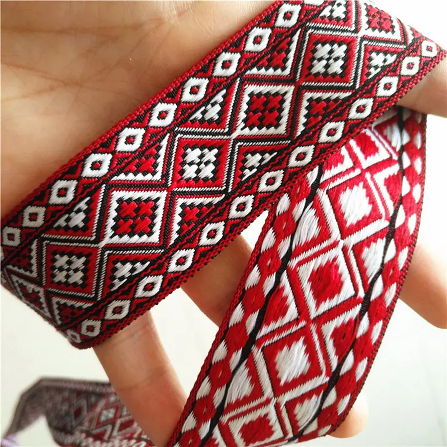 2M Boho Jacquard Ribbon Trim Ethnic Ribbon Red Jacquard Braid Trim for Sewing, Handmade Bag, Clothing Decoration 3.2CM Wide
