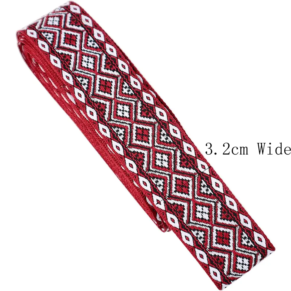 2M Boho Jacquard Ribbon Trim Ethnic Ribbon Red Jacquard Braid Trim for Sewing, Handmade Bag, Clothing Decoration 3.2CM Wide