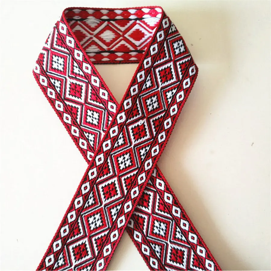 2M Boho Jacquard Ribbon Trim Ethnic Ribbon Red Jacquard Braid Trim for Sewing, Handmade Bag, Clothing Decoration 3.2CM Wide