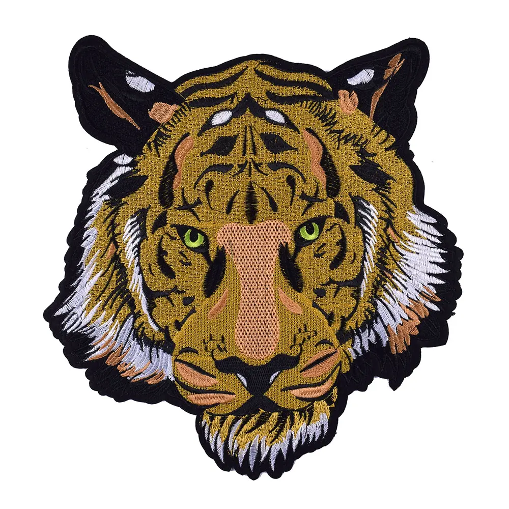 1 Pcs Gold Tiger Head Embroidery Patch Iron On Cloth Sticker DIY Coat Decoration Back Label Large Patch