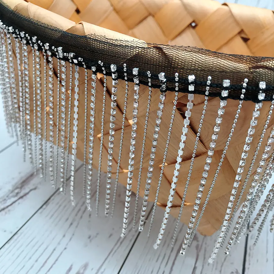 1Yard Black and White Rhinestone Crystal Chain Lace Handmade Tassel Fabric Border Metal Chain Bead 9CM Wide