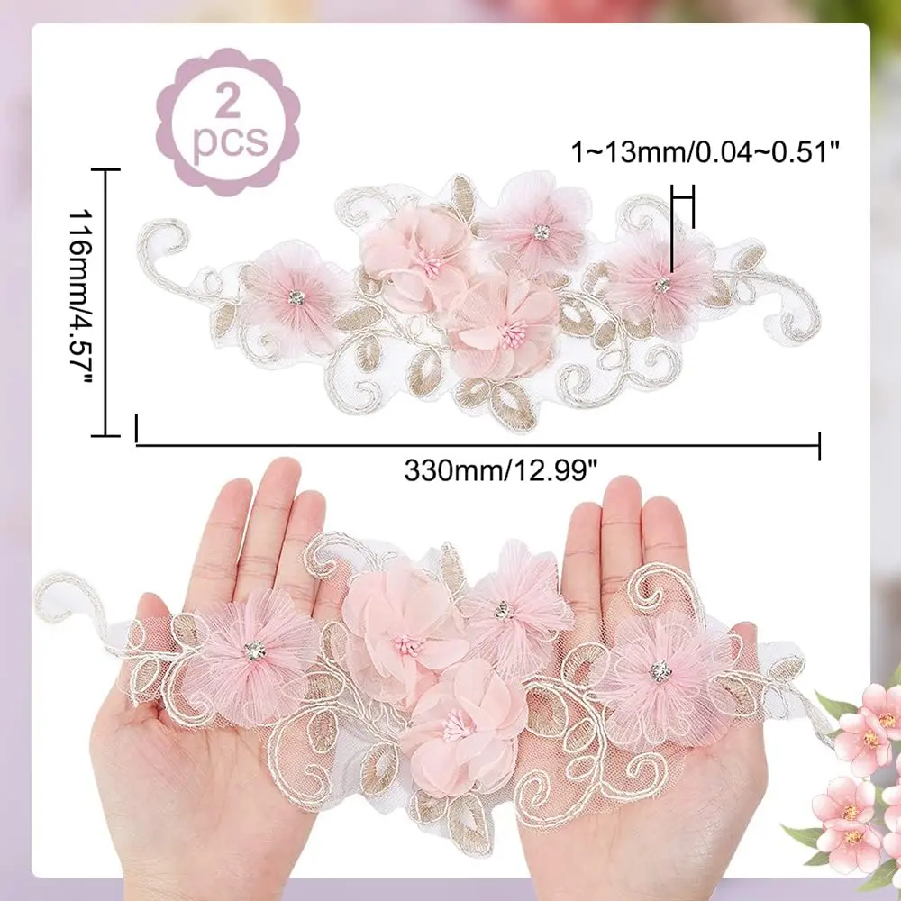 1 Piece of 3D Pink Embroidered Flower Lace Fabric With Rhinestone Patch Flower Decal Repair