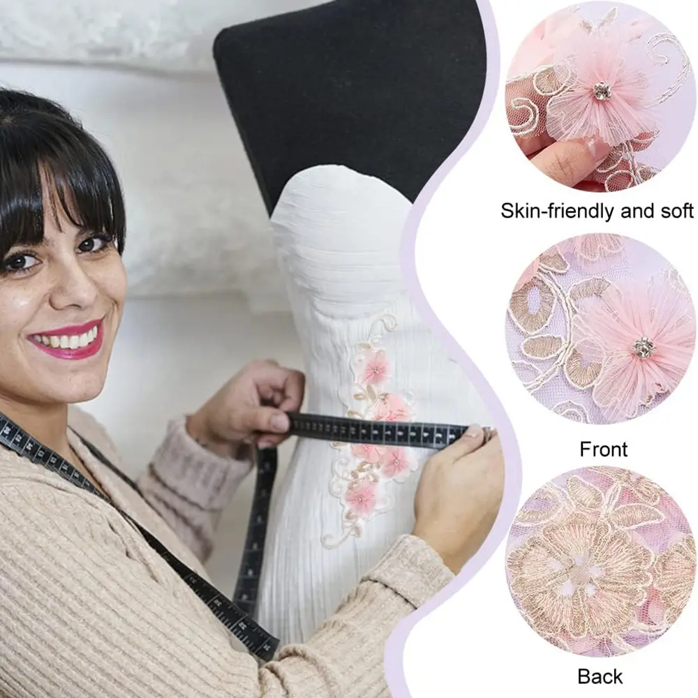 1 Piece of 3D Pink Embroidered Flower Lace Fabric With Rhinestone Patch Flower Decal Repair