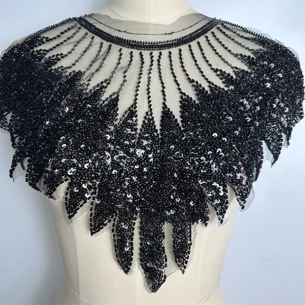 1 Piece of Black Gold Silver Mesh Front Chest Sequins Bead Embroidery DIY Women's Accessory Patch