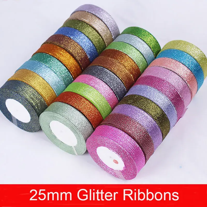 25 yards 25mm Glitter Ribbon Christmas Halloween Party Wedding Decoration Gift Wrapping Packaging Ribbons DIY Handmade Crafts