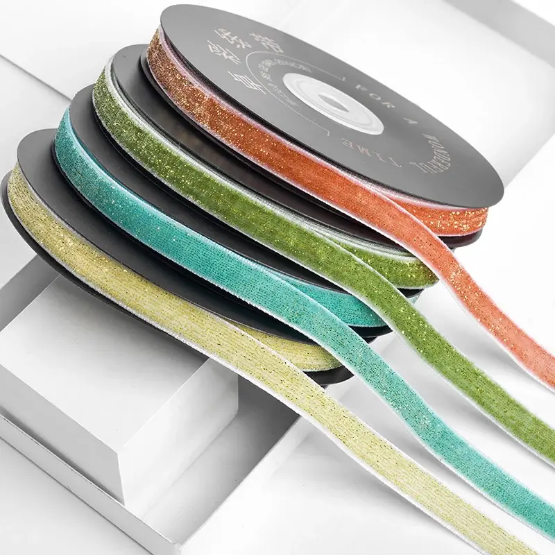 1cm 5Yards/Roll Golden Silver Wire Flash Velvet Ribbon Handmade Party Bow Gift Box Decorative Christmas Craft Supplies
