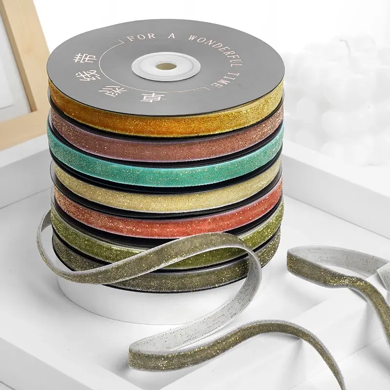 1cm 5Yards/Roll Golden Silver Wire Flash Velvet Ribbon Handmade Party Bow Gift Box Decorative Christmas Craft Supplies