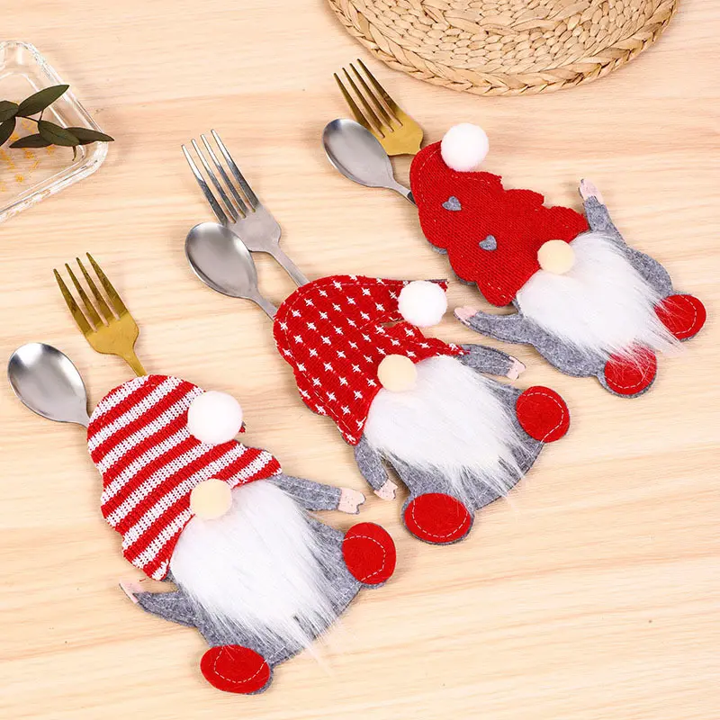 (1pcs)16 * 11cm Christmas Cutlery Decoration Faceless Knife And Fork Cover Santa Claus Felt Table Cover Decorations DIY Handmade