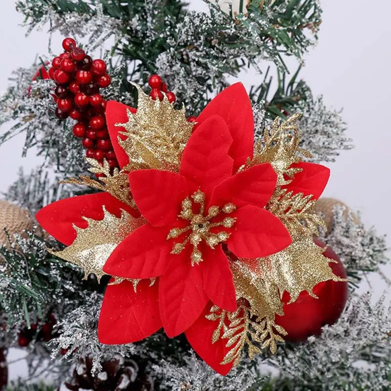 (5Pcs/pack) 14cm Artificial Christmas Flowers Glitter Tree Decorations Xmas Ornaments New Year Gift