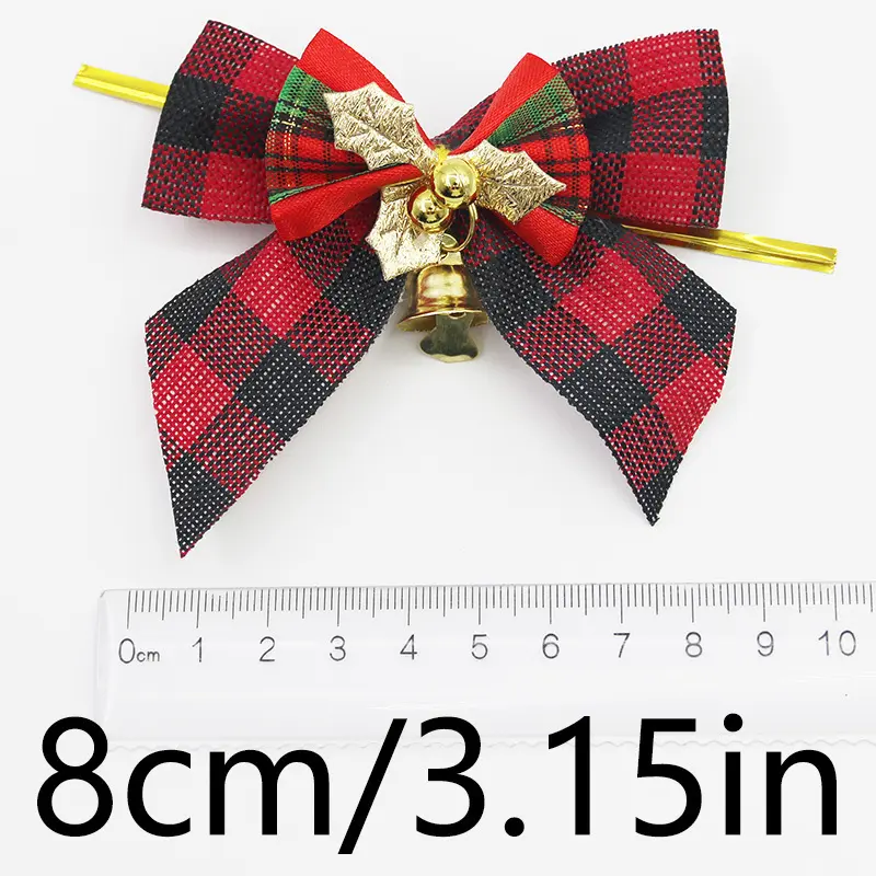 (5 Pcs/pack) 8cm Checkered Cloth Christmas Bow Xmas Tree Bell Bows Home Hair Accessories Tie Decoration Gift Packaging DIY Phone